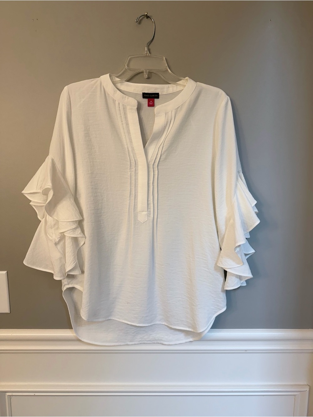 Vince Camuto White Ruffle Sleeve Split-Neck Blouse